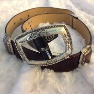 Brighton Black & Brown Leather Belt with Silver Embellishments - Small (27)
